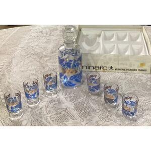 MCM Luminarc France Blue Gold Leaves Decanter 6 Footed Liqueur Aperitif Glasses
